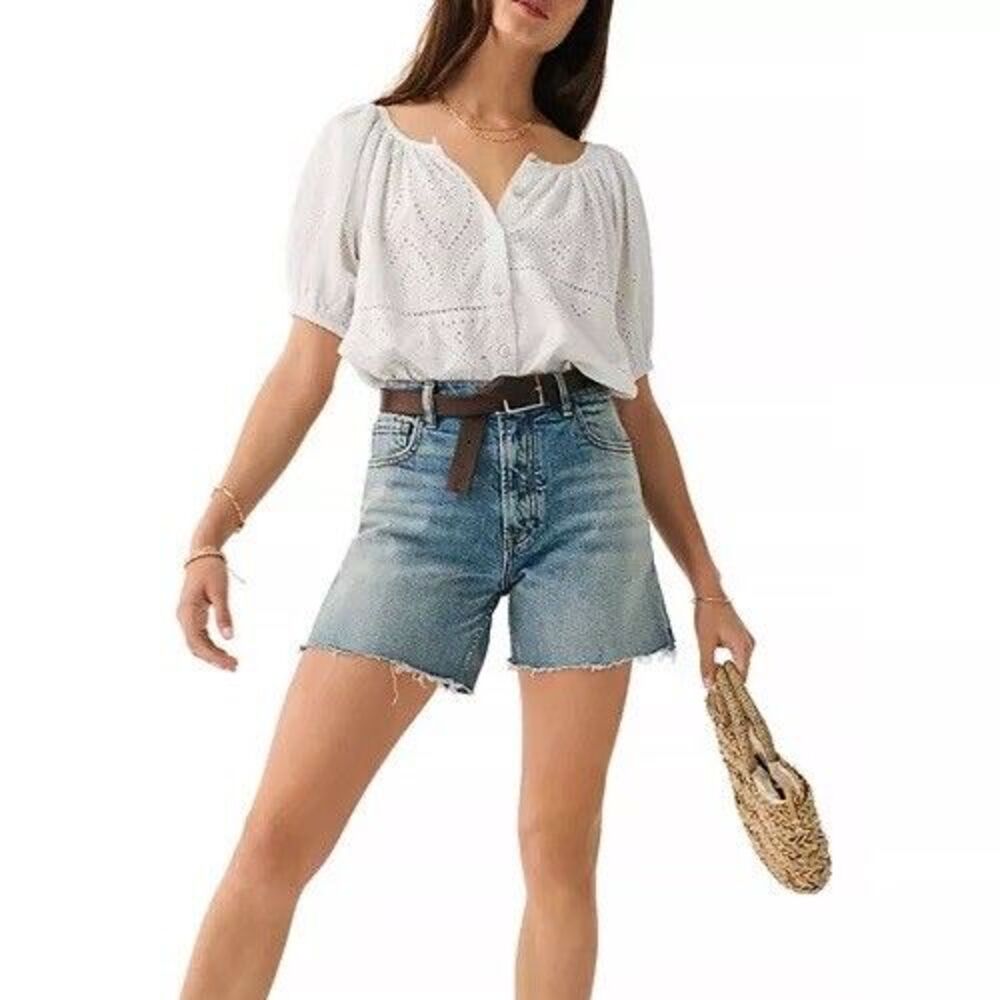 Faherty Carmel Eyelet Organic Cotton Top Puff Sleeves Button Front Boho Feminine